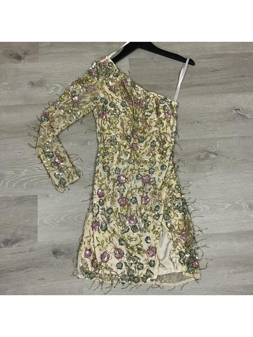 One Shoulder Long Sleeve Sequin Fringe Short Dress